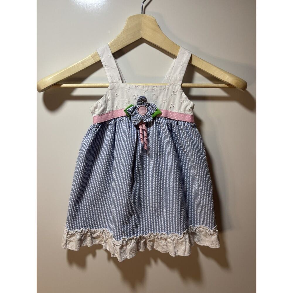 Copper Key Seersucker Eyelet Floret Blue Pink Back Bow Easter Sundress Sz 4/4T